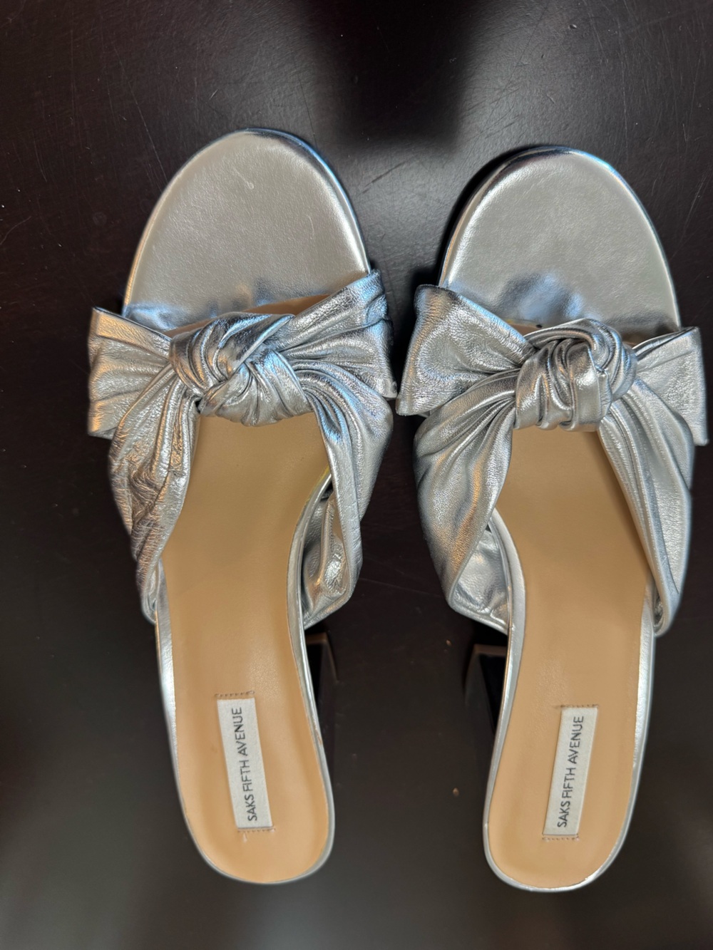 Saks Fifth Avenue Metallic Silver Knot Slide Block Heel Sandals